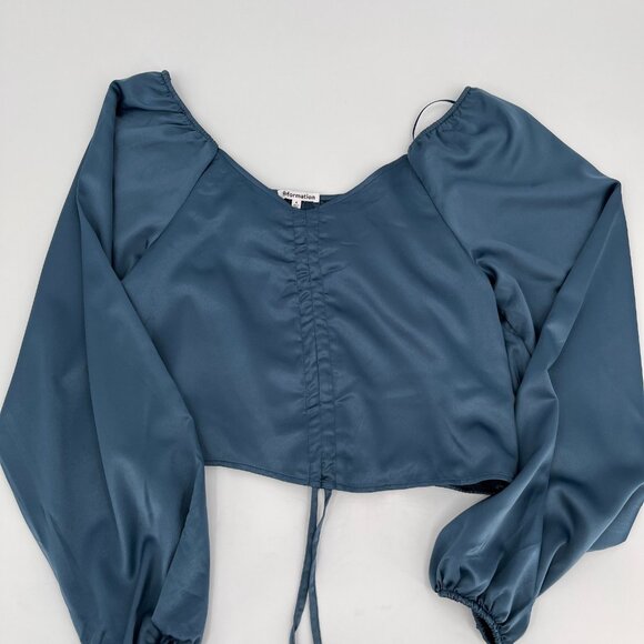 Reformation Long Sleeve Crop Top Size 4 Blue Ruched V-Neck Linen Blouse - Picture 3 of 9